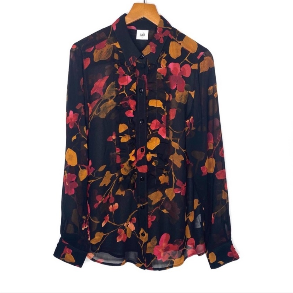 CAbi Red and Orange Cuffed Sleeve Long Sleeve Button Down Shirt